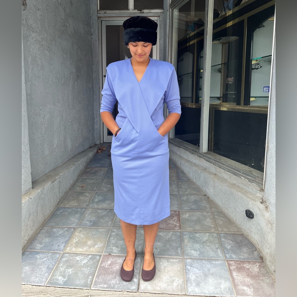 Vintage PBJ Periwinkle Blue Draped Midi Pocket Dress (Made in USA) 11/Medium